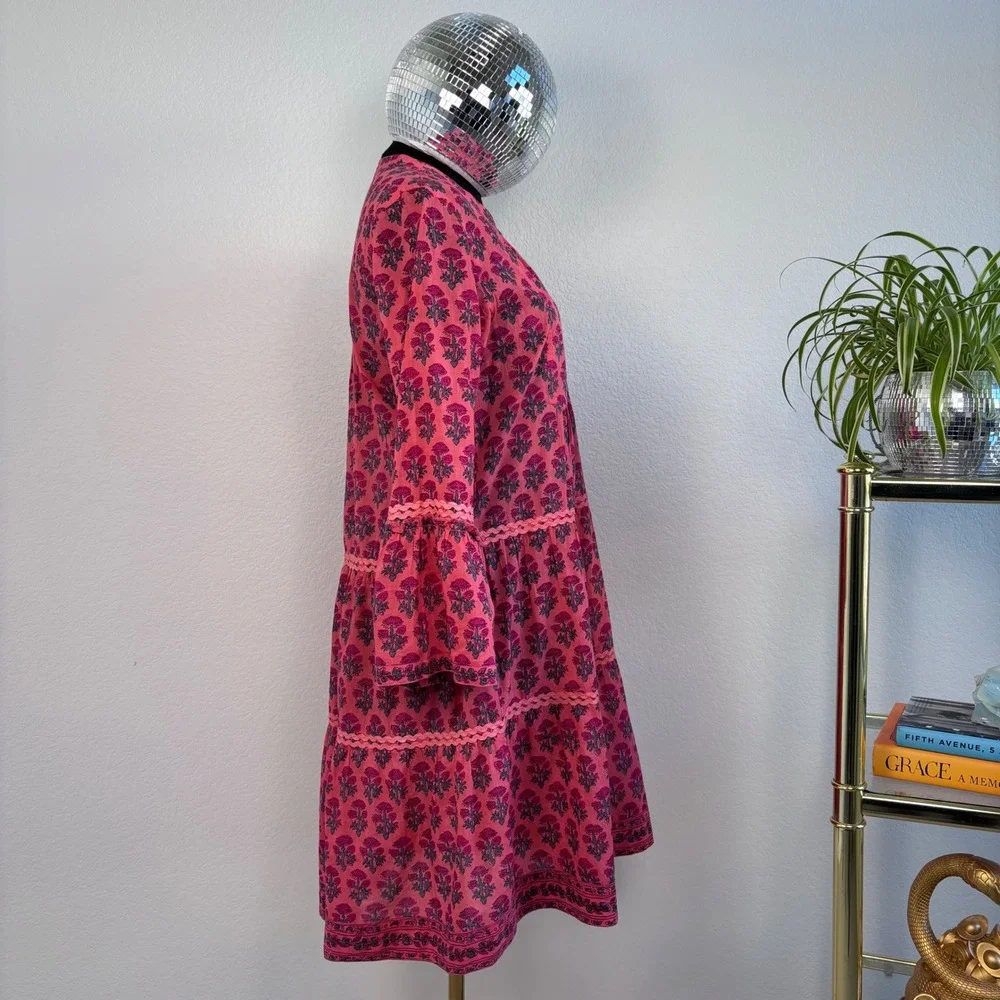Lola Australia Morocco Mini Strawberry Dress, XXS, Pink Floral Bell Sleeve Boho